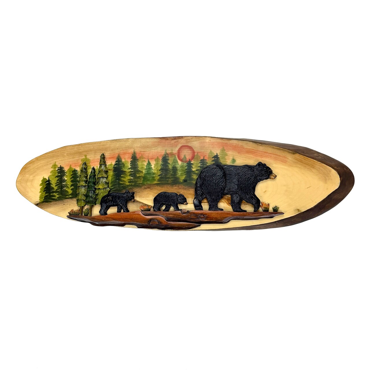 Walking Bear Family Wood Wall Sculpture 31.5 x 9 in Rustic Oval Cabin Decor